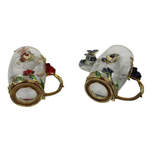Two Butterfly Glass Tea Cups With Lid And Spoon Red & Blue Roses New In Box - Picture 11 of 11